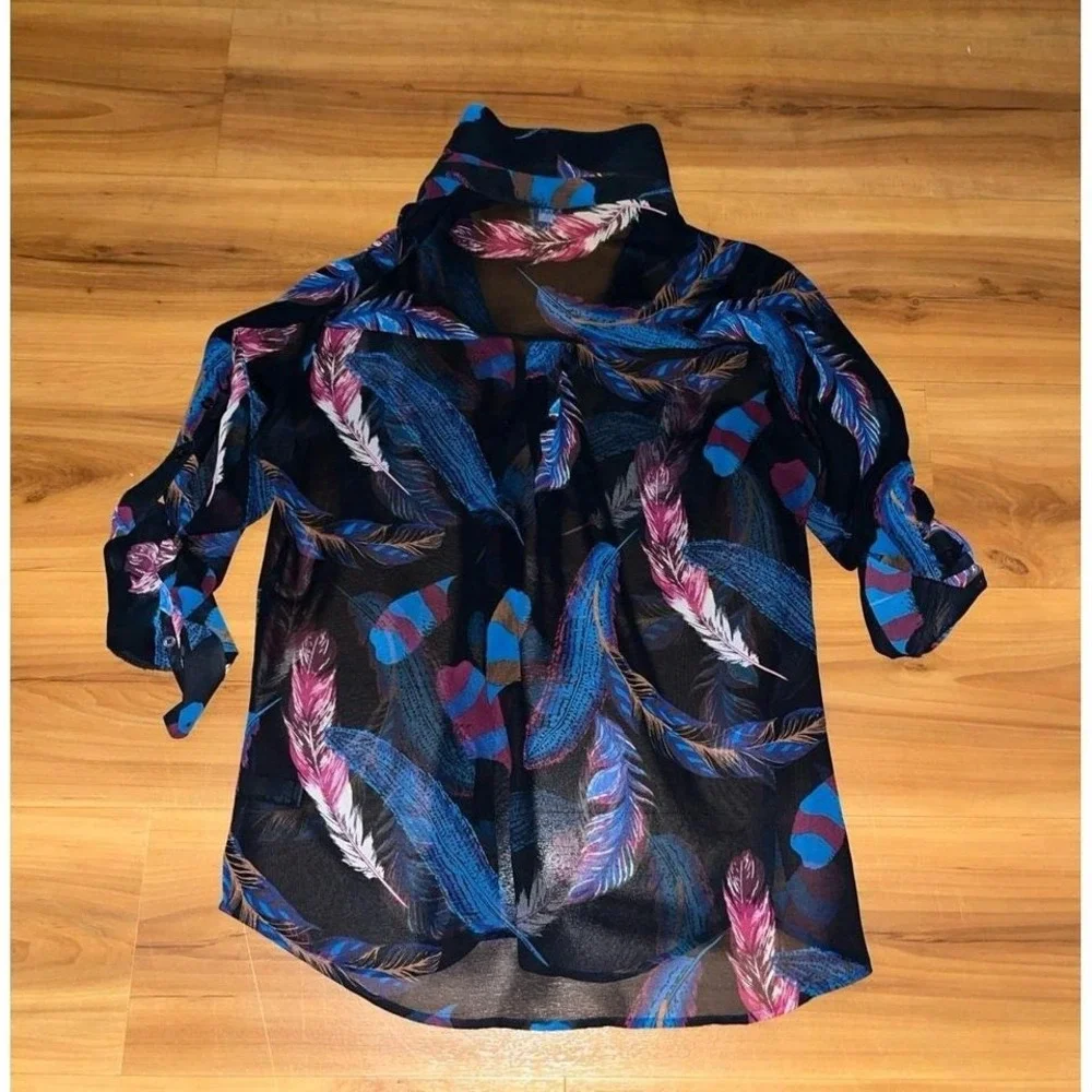 Express Portfofino Sheer Feathers Pockets Roll Sleeve Button Up Blouse Shirt - Picture 3 of 6